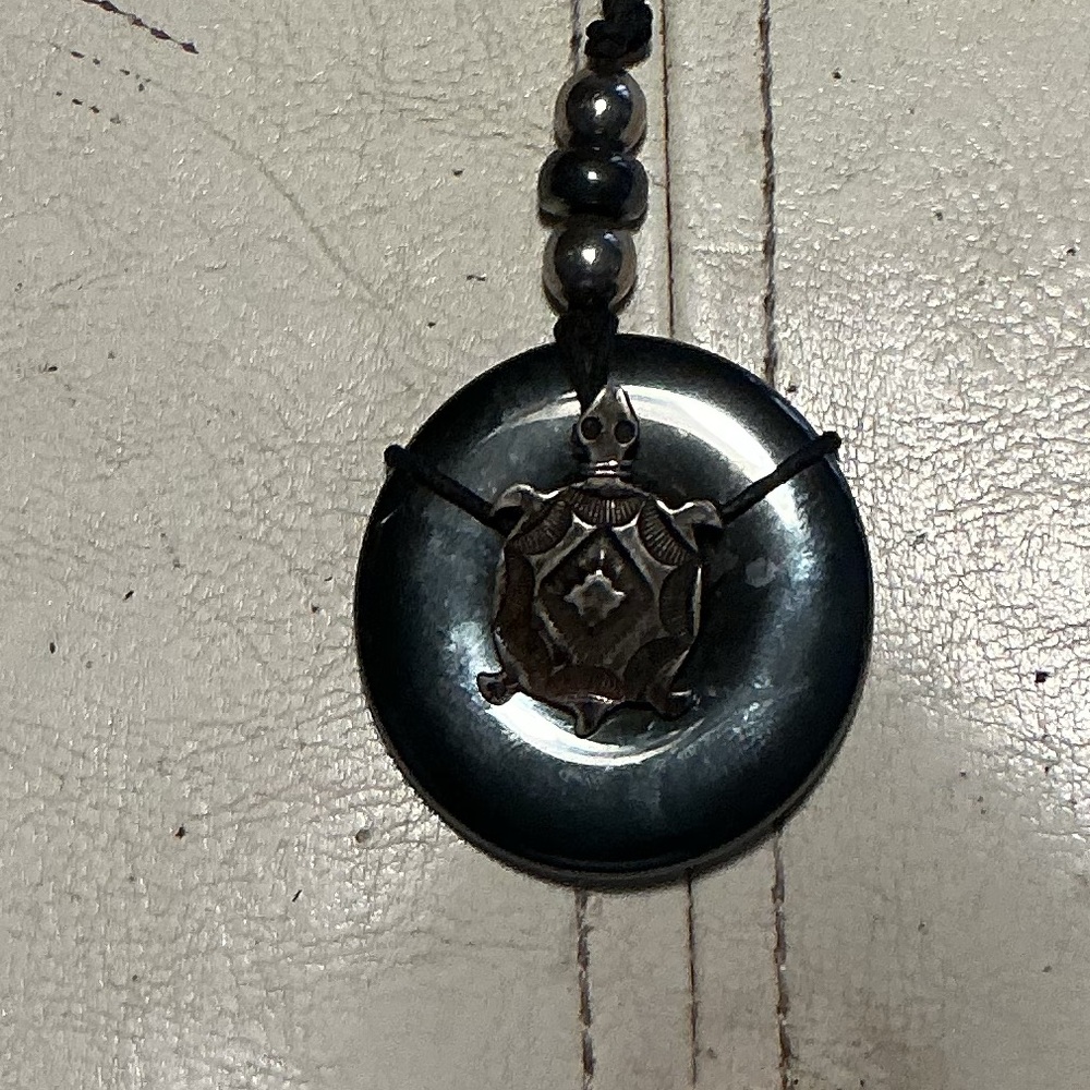 Women's Hematite Turtle Pendant Necklace - Black Silver Accent